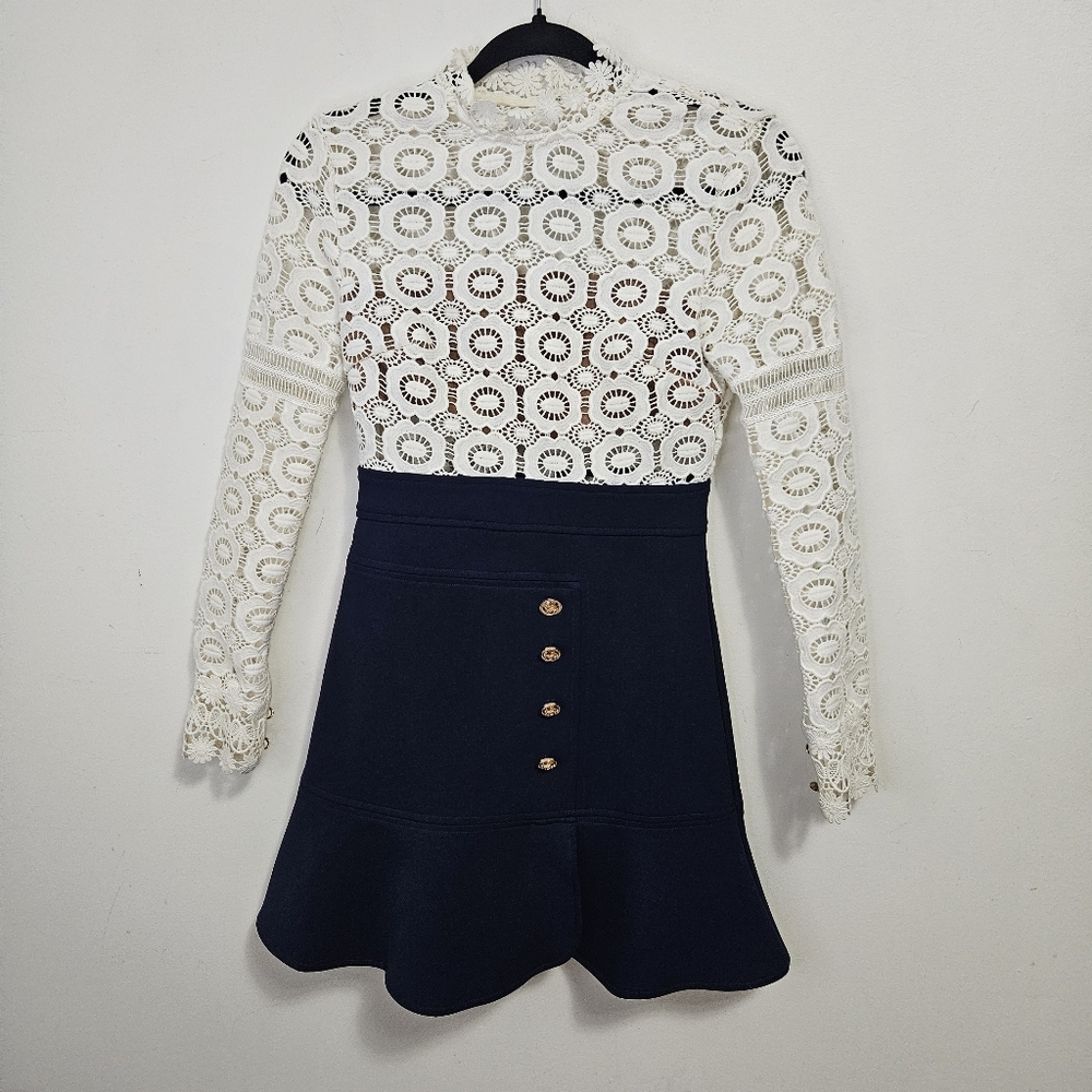 Self-Portrait White Guipure Lace A-Line Mini Dress Sz 2 White Navy Blue - Picture 2 of 13